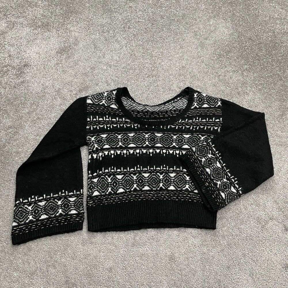 Sam Edelman Cropped Wide Sleeve Sweater Womens XS Black White Fair Isle Wool